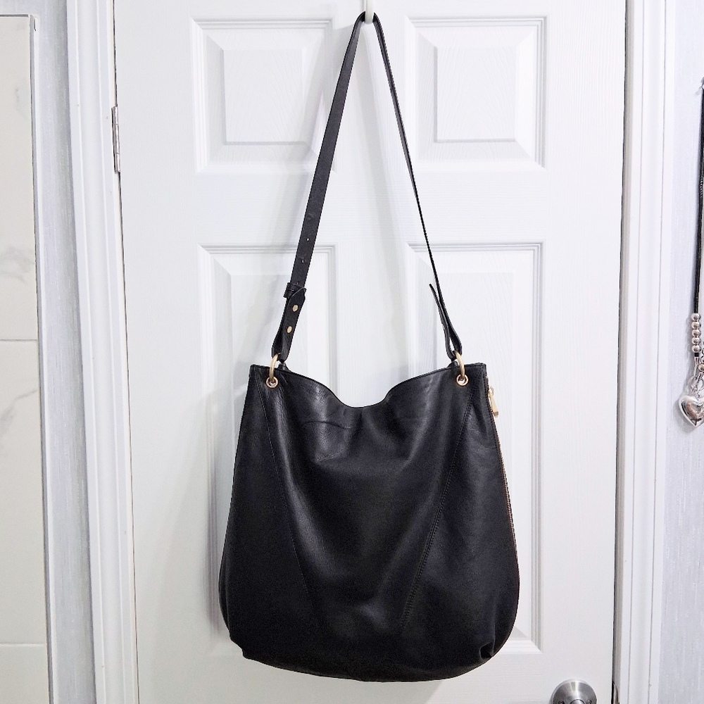Pour La Victoire Bag Black Leather Hobo Tote Or Shoulder Expandable Zipper - Picture 15 of 16